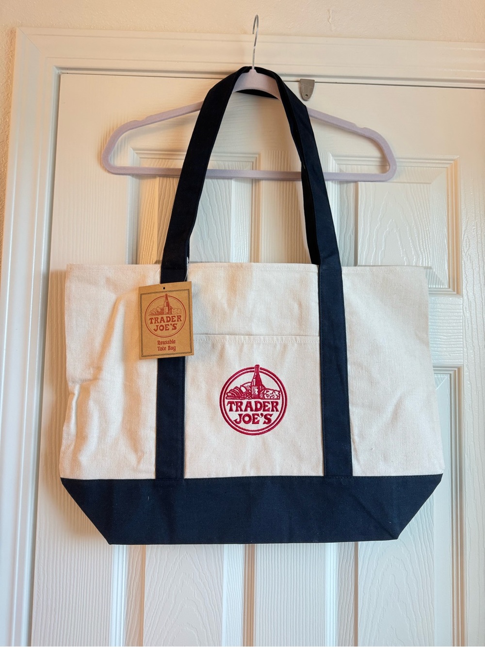 Trader Joe’s Cream Canvas Tote with Navy Trim